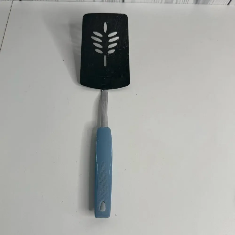 Vintage Metal Spatula Blue Handle Thin Edge Slotted Wheat Pattern Farmhouse